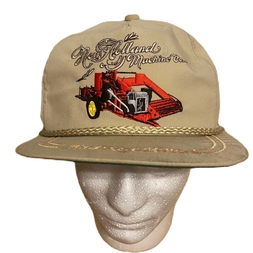 Vintage New Holland Hat Strap Back Red Combine Embroidered Label Rope Trucker